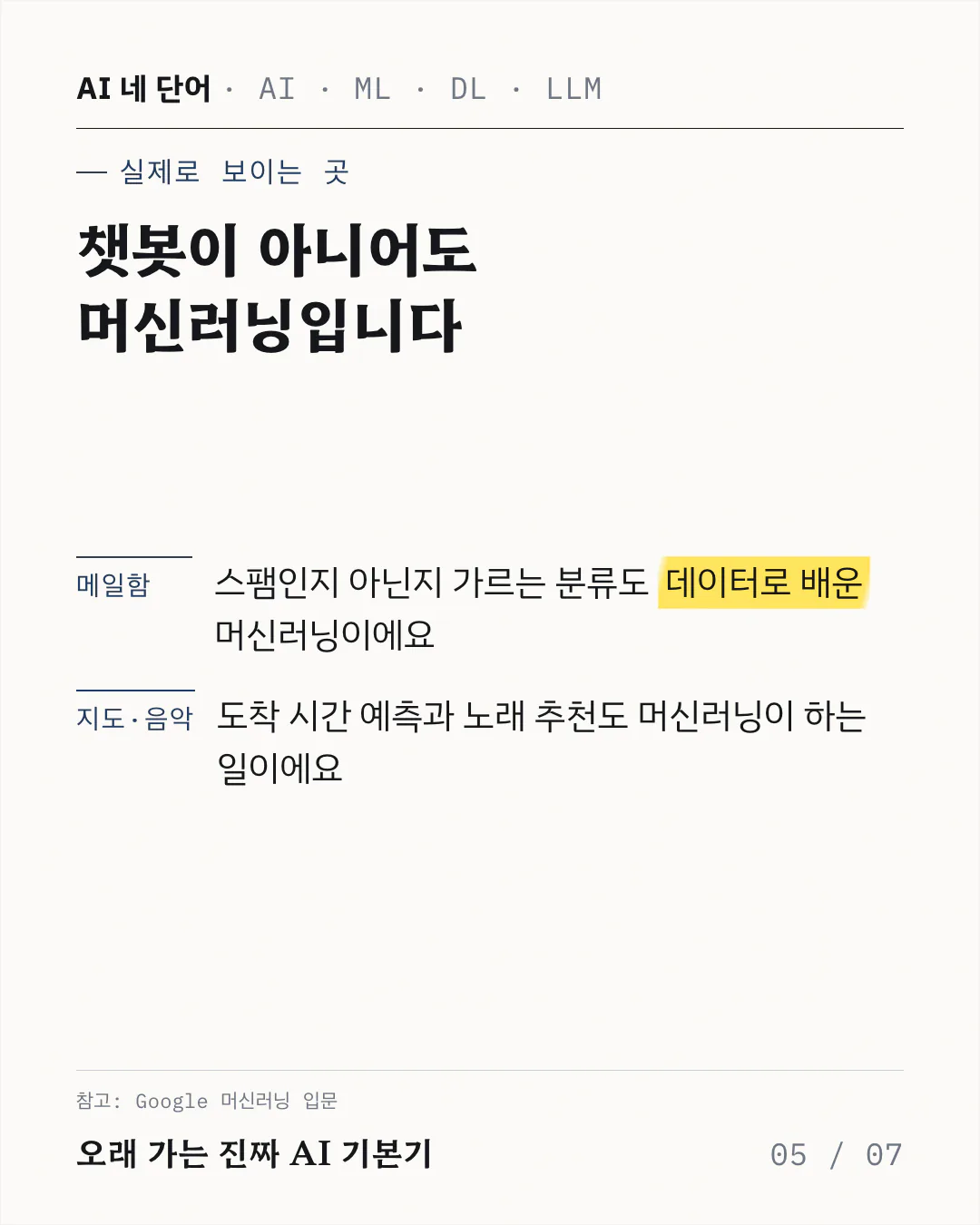 메일함과 지도·음악 두 항목을 나란히 설명한 카드예요. 스팸 메일을 가르는 분류, 도착 시간 예측, 노래 추천처럼 글을 쓰는 챗봇이 아닌 기능도 머신러닝이라는 점을 짚어요.