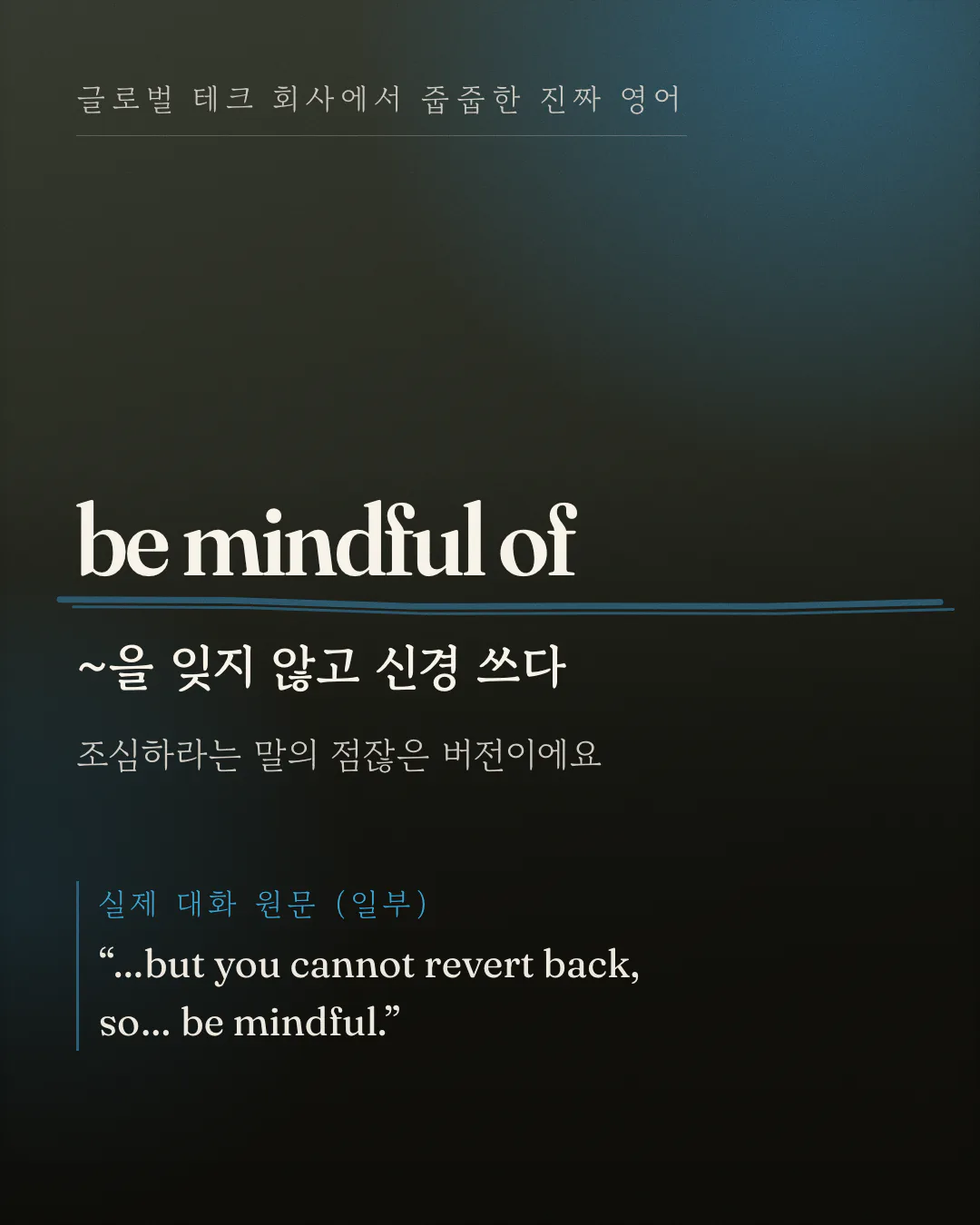 표지 카드예요. 영어 표현 be mindful of가 크게 놓이고 그 아래 '~을 잊지 않고 신경 쓰다'라는 한국어 뜻과 '조심하라는 말의 점잖은 버전이에요'라는 한 줄이 따라와요. 맨 아래에 '실제 대화 원문 (일부)'라는 라벨과 함께 문장 하나가 인용돼 있어요.