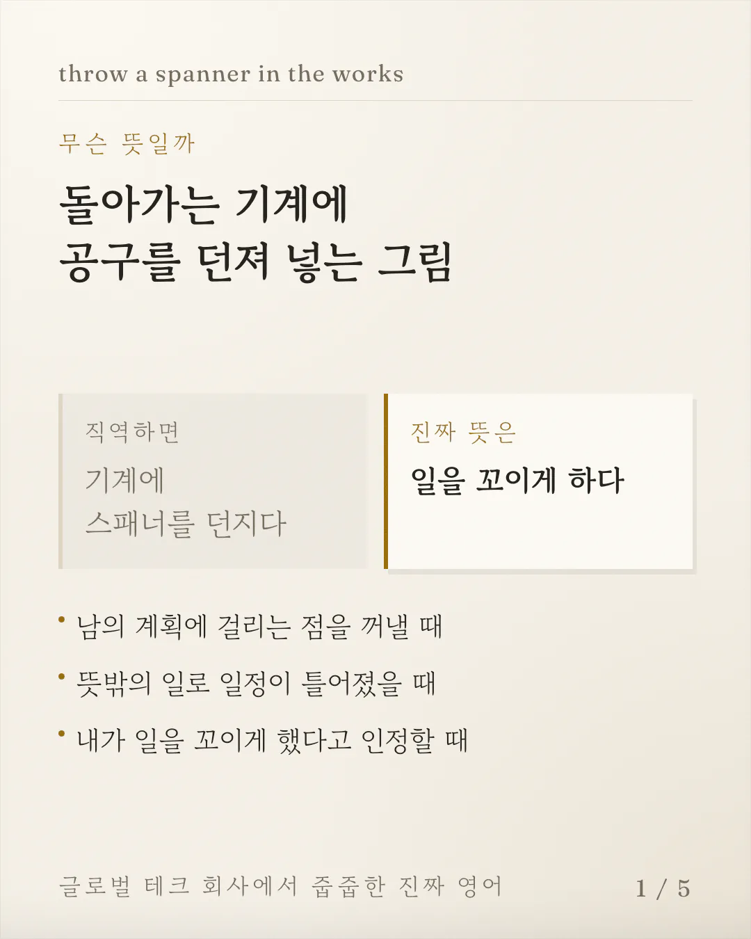 직역 '기계에 스패너를 던지다'와 진짜 뜻 '일을 꼬이게 하다'를 좌우 반쪽 상자에 나란히 놓아 대비시킨 카드예요. 그 아래에 이 표현을 쓰는 상황 세 가지가 줄지어 있어요.